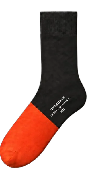 The Diplomat: OFFSCALE dress sock for shoe size EU 46 and up. Charcoal crew sock, blood-orange front half.